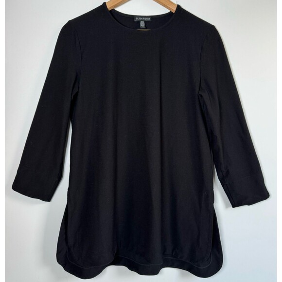 Eileen Fisher Womens Medium Black Tunic Blouse Curved Hem Minimalist Lagenlook - Picture 1 of 11